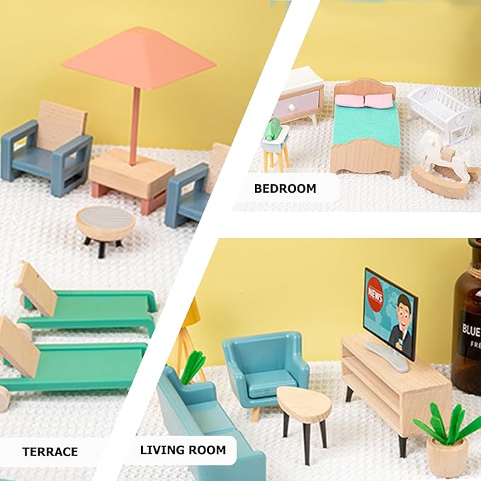 43PCS Wooden Dollhouse Furniture Set for Kids Toddlers 3Y+,Wood and Plastic Blue Dollhouse Accessories, Pretend Play Furniture Toys Christmas Birthday Gift for Boys Girls