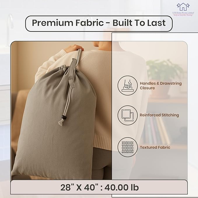 LFH Home Cotton Canvas Large Laundry Bag with Handle, Heavy Duty Drawstring Closure Washable Laundry Bags, School Travel, Home, Hotel, College Dorm, Organizer Sack, Toys Clothes 28x40 (Pack of 2)-Grey