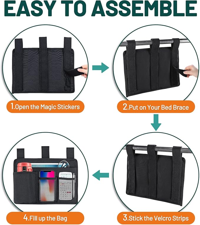 Bedside Caddy Organizer - Bed Organizer Caddy for Remotes Control Phone Glasses Magazines Tablets Accessories - Wheelchair Bag for Hospital Home Office Dorm Room (4 pocket)