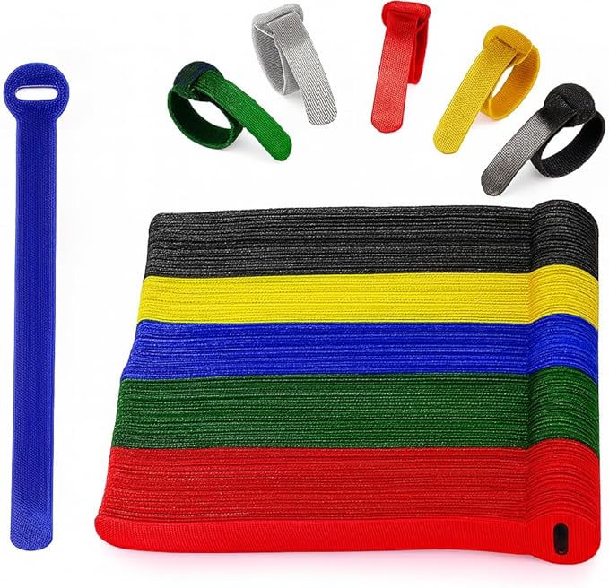 100 x Colourful Reusable Cable Ties, Cable Straps, Adjustable Cable Ties, Strong Hook and Loop Cable Straps with Buckle for TV Cables, PC Cables and Desk Organisation