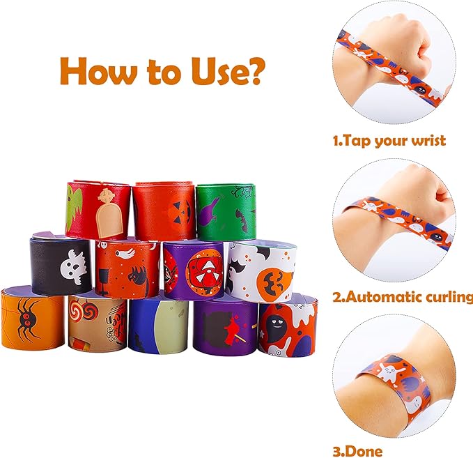 Halloween Bracelets for Kids, 36 Pcs Halloween Slap Bracelets Bulk, Halloween Party Favors Toys for Kids, 12 Different Design Bracelets Bulk for Party Favors and Supplies, Halloween Treat Bags Gifts