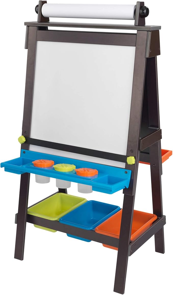 KidKraft Wooden Storage Easel with Dry Erase and Chalkboard Surfaces, Children's Art Furniture - Espresso, Gift for Ages 3+