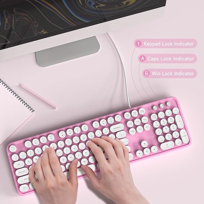 Computer Keyboard Wired, Plug and Play USB Retro Round Typewriter Keyboard, Full Size Wired Keyboard with Foldable Stands for Laptop and Office PC- Pink&White Colorful
