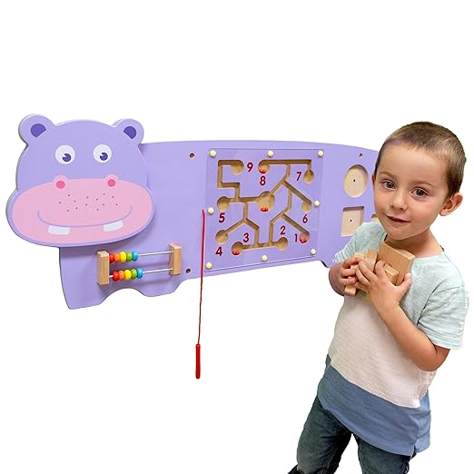 SPARK & WOW Hippo Activity Wall Panel | Ages 18m+ | Montessori Sensory Wall Toy | 3 Activities | Busy Board | Toddler Room Decor
