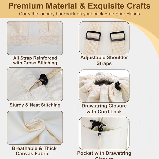 Laundry Bag Backpack, Canvas Laundry Bag with Straps & Drawstring Closure Washable Dirty Cloth Hamper Bag with Large Front Pocket for College, Travel, Laundromat, Camping (Beige, XX-Large)