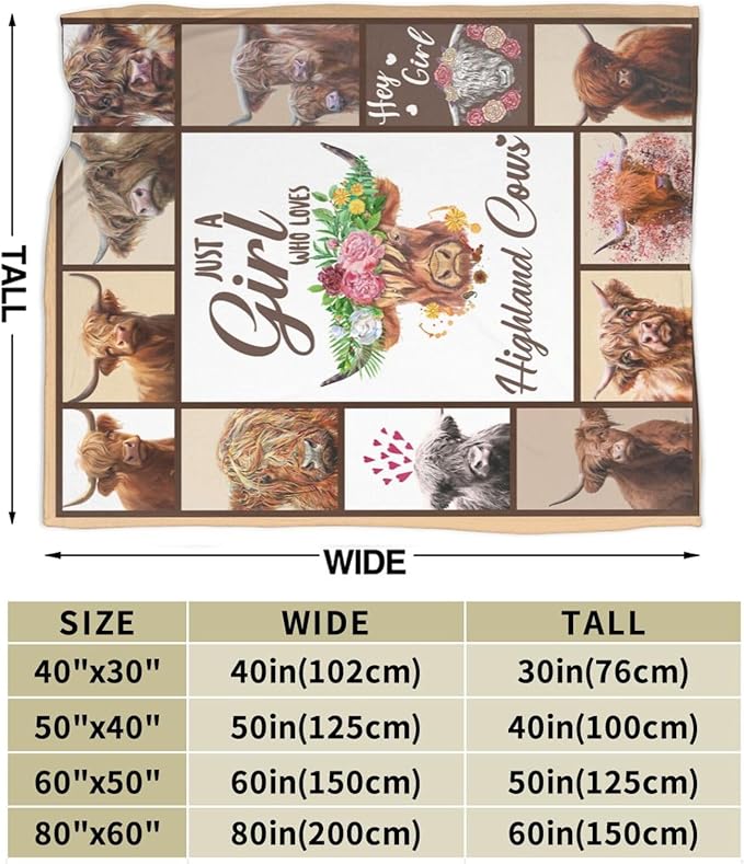 Just A Girl Who Loves Highland Cows Throw Blanket Cute Highland Cattle Fleece Plush Soft Cozy Cartoon Farm Cow Animal Gifts Blanket for Kids Girls Adults Couch Bed Chair Office Dorm Decor 40''X50''