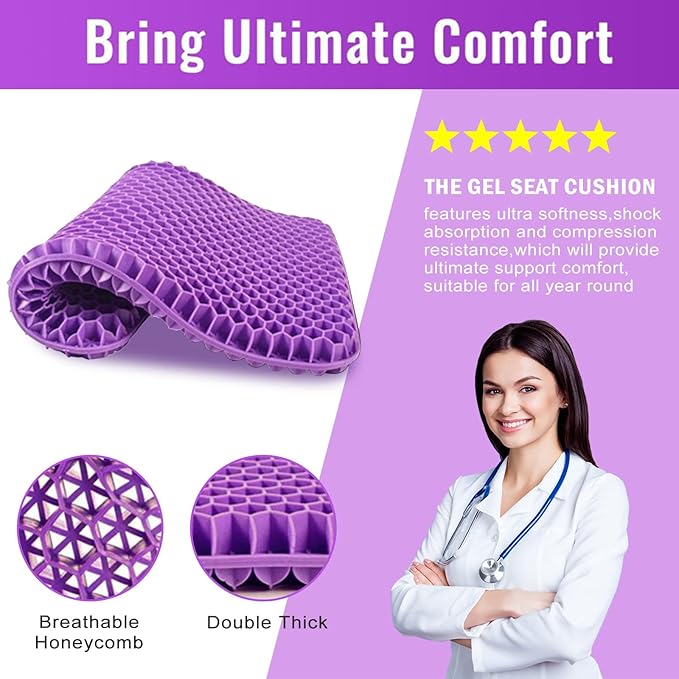 Gel Seat Cushion, for Long Sitting -Double Thick Gel Seat Cushion Breathable Honeycomb Chair Cushion with Non-Slip Cover for Office Chair Car, Wheelchair, Long Trips,Relief Sciatica Pain