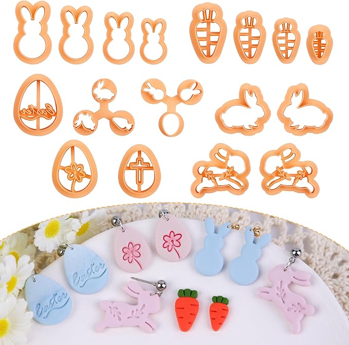 Puocaon Easter Polymer Clay Cutters - 17 Pcs Clay Cutters for Polymer Clay Jewelry, Basic Rabbit Carrot Clay Earring Cutters, Easter Eggs Clay Jewelry Cutters, Floral Bunny Clay Cutters