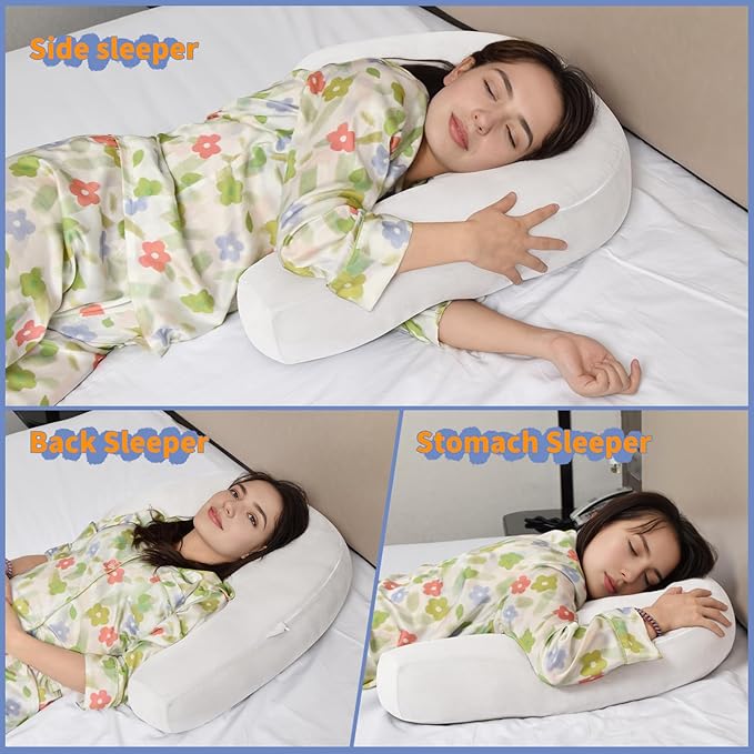 Body Pillow for Side Sleepers with Ear Hole, J & U-Shaped Neck Pillow for Ear Piercing, Relieves Neck, Shoulder & Back Pain, 20x26 Inches with Pillowcase (White)