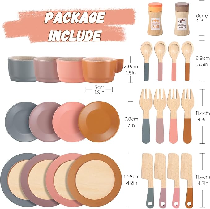 GAGAKU Wooden Dishes Kids Wooden Dishes for Play Kitchen Kids Play Dish Set Wood Plates Set for Toddler Montessori Wooden Kitchen Toys Accessories