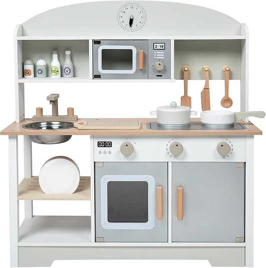 Kids White Wooden Play Kitchen Sink Microwave Oven Stoves Cabinet Shelf Interactive Turning Knob Clock Little Chef Storage Kitchenware Plates Pans Cutting Board Spice Bottles Knife Spatula