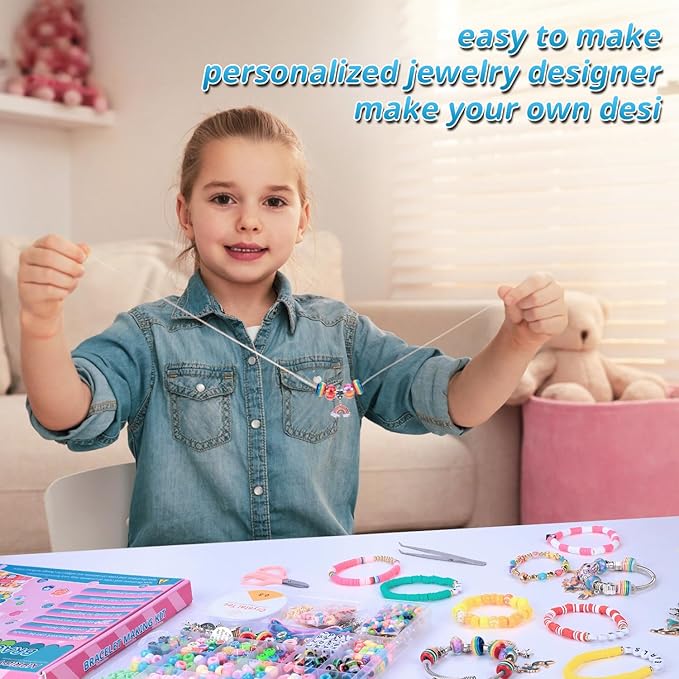 AIPRIDY 3600 Pcs Girls Toys Bracelet Making Kit, Unicorn/Mermaid Jewelry Activity, Flat College Style Beading for Friendship Jewelry Making, DIY Crafts for 4-12 Girls Birthday Christmas Gifts(Pink)