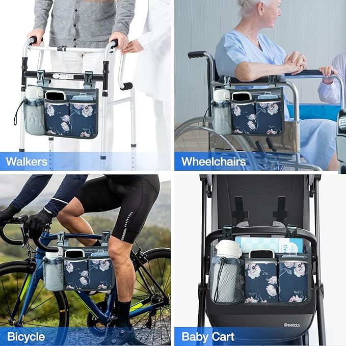 Wheelchair Bag, Walker Bag, Wheelchair Side Bag, Armrest Organizer Pouch with Cup Holder Attachment and Reflective Strip, Accessories for Most Wheelchairs, Walker, Rollators, Rosa