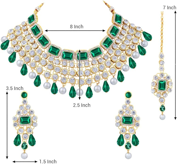 Aheli Kundan and Simulated Colored Stones Indian Ethnic Maang Tikka Necklace and Earrings Set Bollywood Festive Statement Jewelry Gift for Women