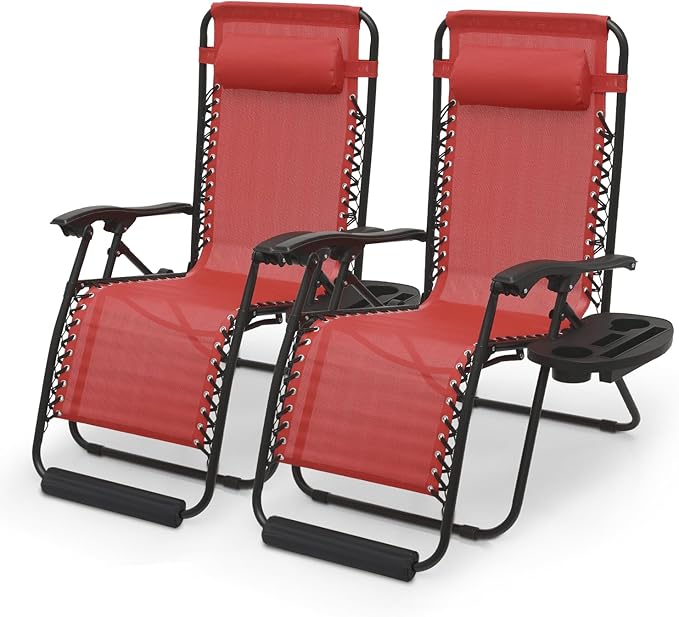 Athena Collection Zero Gravity Outdoor Lounge Chair Set of 2, 29" Width Pool Lounge Lawn Chairs Reclining with Cup Holder Foot Pad, Outdoor Chaise for Beach Patio Backyard Outside, Dark Red