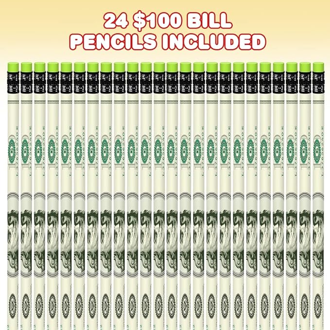 ArtCreativity $100 Bill Pencils, Set of 24, Cool Writing Pencils with Erasers, Birthday Party Favors, Party Goody Bag Fillers, Teacher Supplies for Classroom