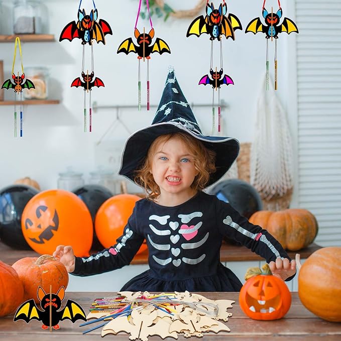 8 Pack Wind Chime Kit for Kids,Halloween Craft Kits Wooden 3D Bat Wind Chime Decorative Hanging Ornaments DIY Painting Craft for Boys Girls Halloween Activity Art Project