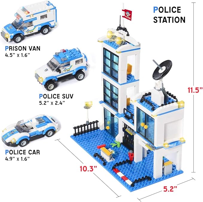 Liberty Imports 736 Pieces City Police Station & Car Building Blocks Set, with 3 Police Cars Toy, Cop Patrol Car, Prison Car, Construction Toy Building Bricks Kit, Gift for Boys Girls 6-12