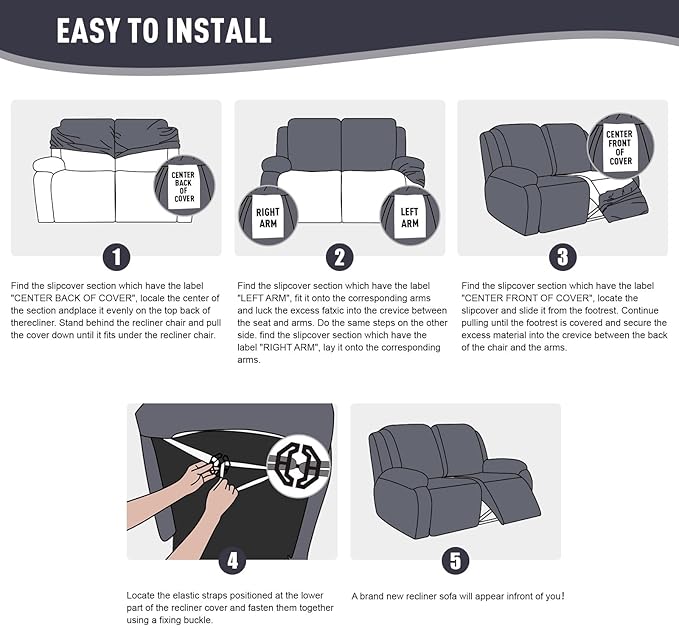 KinCam Recliner Covers, Stretch Reclining Chair Covers, Recliner Sofa Slipcovers Stripe Jacquard Recliner Couch Covers Furniture Protector Covers for Pet Kid (2XL Seater, Dark Gray)