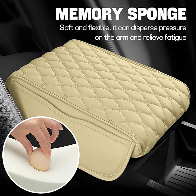 wuyaoyao Car Center Console Cover, 12.13"×8.66"×3.74" Leather Car Armrest Cover with with 2 Side Pockets, Memory Foam Soft Auto Armrest Cushion Pad, Universal Vehicle Arm Rest Protector (Beige)
