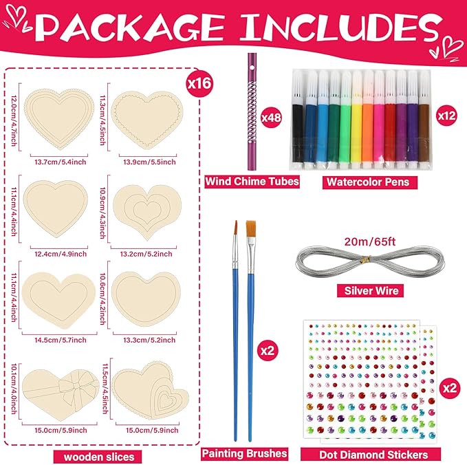 gisgfim 16 Pack Heart Wind Chime Crafts Kits for Kids Make Your Own Valentine's Day Craft Love Crafts Wooden DIY Arts for Valentine Party School Classroom Decorations Supplies Birthday Favors
