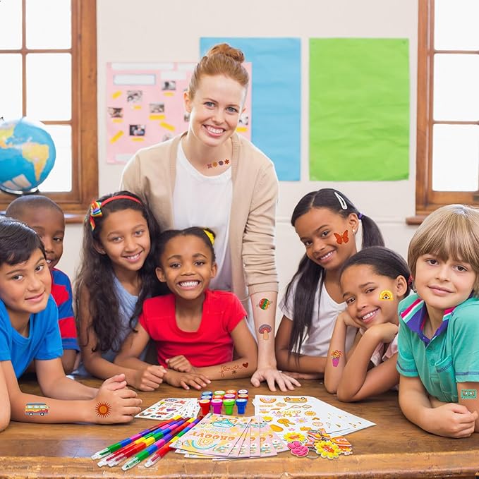 72 Pcs Groovy Coloring Book with Crayons Bulk,Retro Hippie Daisy Flower Party Favors Goodie Bags Fillers,Rainbow Boho Birthday Party Supplies Face Stickers Tattoo Prizes Gift for Groovy Party