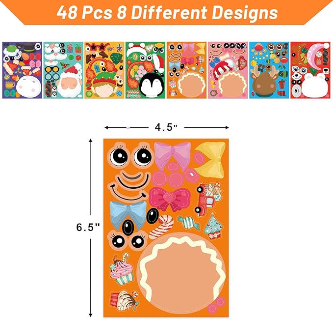 48 Pcs Make Your Own Christmas Sticker Sheets Make A Face Sticker Christmas Stickers for Kids Home Classroom Party Favor Art Craft School Rewards
