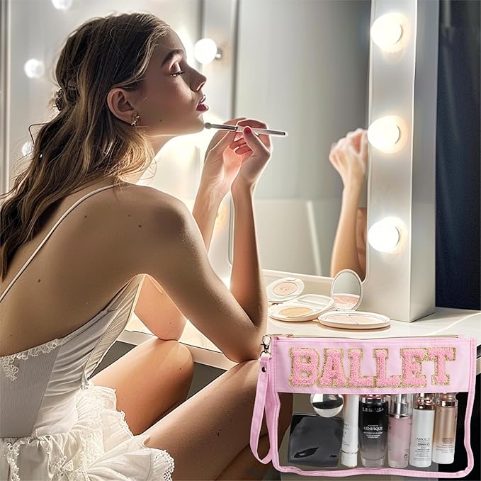 BuyCard 2 Pcs Ballet Gifts Cosmetic Makeup Bag with Chenille Letter Patch, Clear Pouch PVC Organizer Purse, Waterproof Travel Bag, Portable Toiletry Storage Bag for Her Girls Friends Women