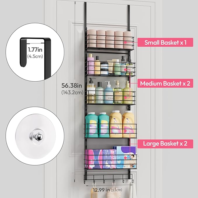 SWTYMIKI Over The Door Organizer - Door Organizer Hanging with 5 Adjustable Metal Large Capacity Basket and 6 Coat Hook, Wall Mounted Shelf for Bedroom Closet Bathroom Laundry Pantry Cabinet Kitchen