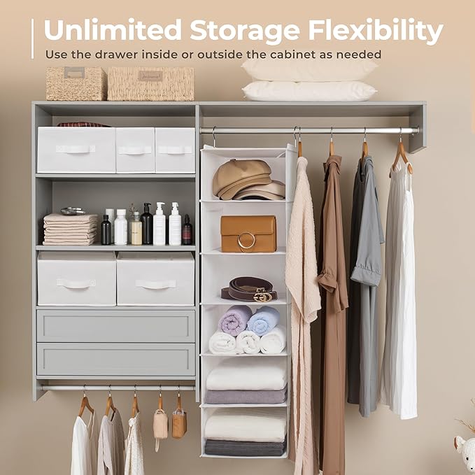 GRANNY SAYS Hanging Closet Organizer and Storage, 6 Shelf Clothes Organization with Drawers, 6 Side Pockets Closet Hanging Shelves for Bras, Socks, Underwear, Nursery Room, Wardrobe, White, 1-Pack