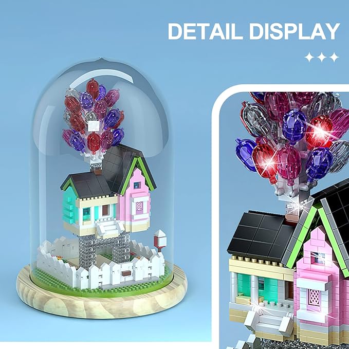 House Building Blocks Kit Toys Set, Miniature 1243 Pcs Micro Bricks Collectible Creative Teen Girl Gifts Age 14 and Up, Dust Cover, Wooden Base Up Balloon Castle Toys DIY Decoration Home