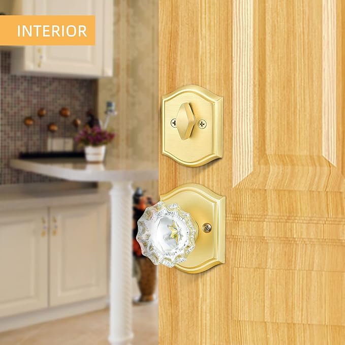 Crystal Glass Passage Door Knob and Single Cylinder Deadbolt Combo Set, Satin Brass Finish