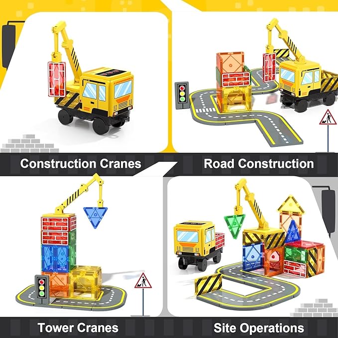 Magnetic Tiles Construction Toys with Crane Road Pieces Truck Magnetic Blocks STEM Building Sensory Toys for Kids 3 4 5 6 7 8 Year Old Boys Birthday Xmas Gifts