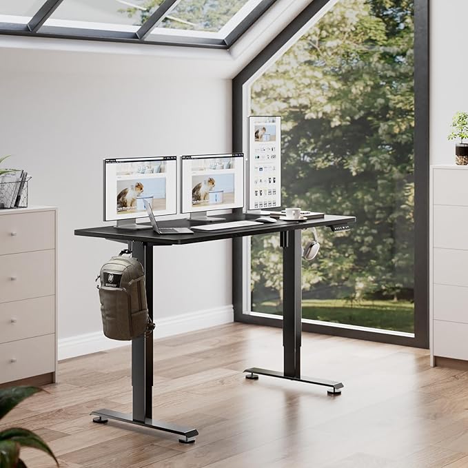 Veken 39.4" Small Electric Standing Desk, Adjustable Height Office Desk with Wood Desktop, Computer Table for Home Work, Study and Gaming, Small Spaces, Modern Furniture, Black