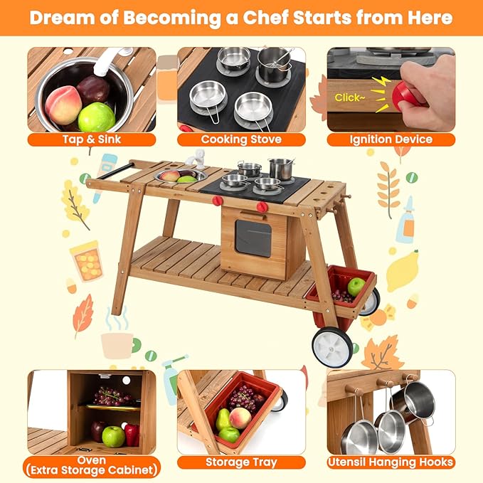 HONEY JOY Mud Kitchen with Umbrella, Wooden Rolling Mud Table Cart, Toddler Outdoor Kitchen Playset, Sink, Faucet, Planting Pots, Utensils, Storage Cabinet, Mud Kitchen for Kids Outdoor with Wheels