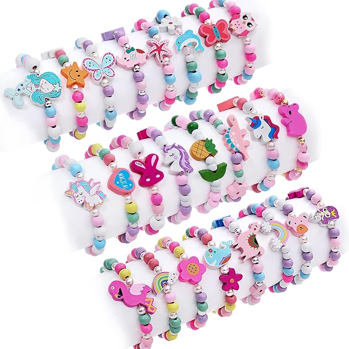 G.C 24 Pcs Girls Bracelets Jewelry for Kids Cute Unicorn Mermaid Animal Pendant Colorful Wooden Beaded Bracelets Princess Pretend Play Gifts for Toddlers