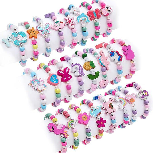 G.C 24 Pcs Girls Bracelets Jewelry for Kids Cute Unicorn Mermaid Animal Pendant Colorful Wooden Beaded Bracelets Princess Pretend Play Gifts for Toddlers