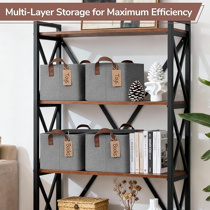 CHICVITA 4 Pack Storage Baskets for Shelves, Foldable Fabric Storage Bins with Metal Frame Handles, Closet Organizer Bins for Toys Blankets, 14.8" x 10.3" x 8.3", Gray