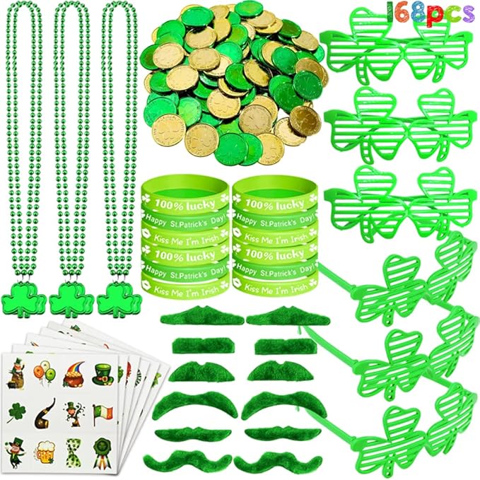 168Pcs St. Patrick's Day Party Favor Set, Include Green Beads Shamrock Necklace, Shamrock Shutter Shades Glasses, Tattoos, Mustache, Bracelets, Coins for Kids St Patrick's Day Party Accessories Decor