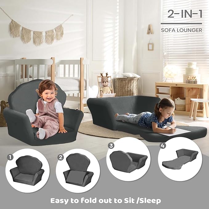 COSYLAND Kids Sofa for Toddler, 2-in-1 Folding and Expandable Soft Chair Bed Toddlers,Convertible Sofa to Lounger Sleeper Chair Bed for Girls and Boys,Dark Gray