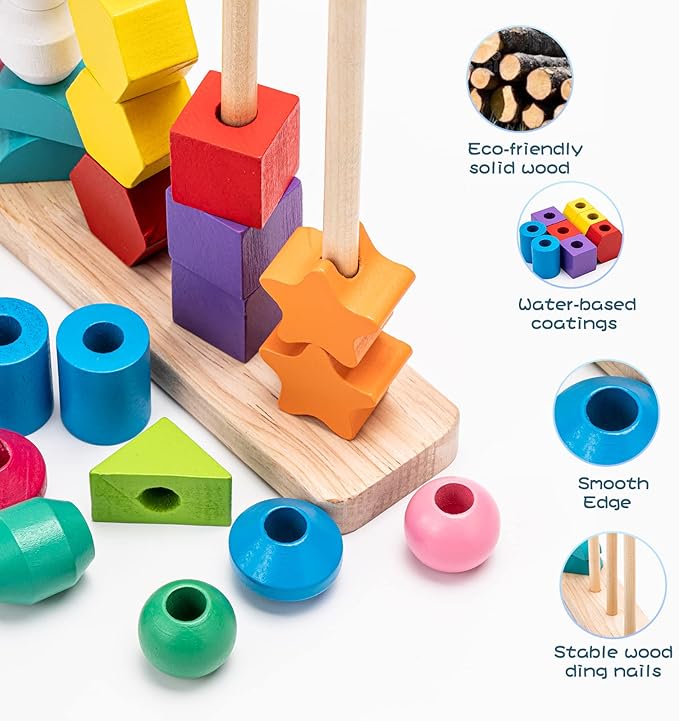 Montessori Toys Bead Sequencing, Wooden Lacing Beads & Matching Shapes Colors Stacking Toy for 2 3 4 5 Year Old, Toddlers Preschool Learning Fine Motor Skills Toys