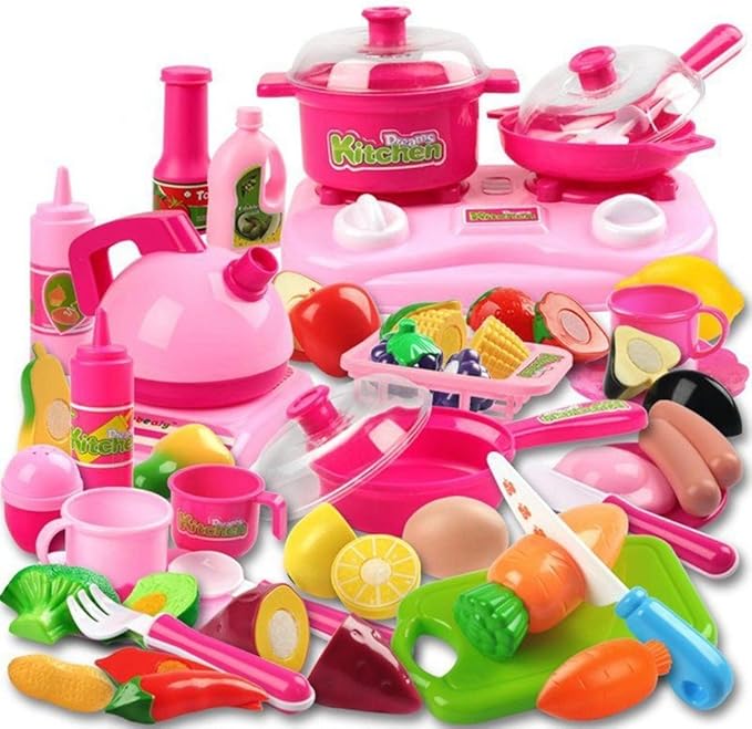 Kimicare 58 Piece Kitchen Cooking Set Girls Boys Fruit Vegetable Tea Playset Toy for Kids Early Age Development Educational Pretend Play Food Assortment Set