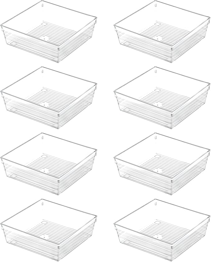 Backerysupply Clear Plastic Drawer Organizer Tray for Vanity Cabinet (6"×6"×2"，Set of 8),Storage Tray for Makeup, Kitchen Utensils, Jewelries, and Gadgets…