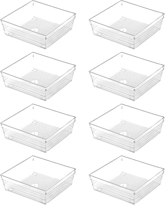 Backerysupply Clear Plastic Drawer Organizer Tray for Vanity Cabinet (6"×6"×2"，Set of 8),Storage Tray for Makeup, Kitchen Utensils, Jewelries, and Gadgets…