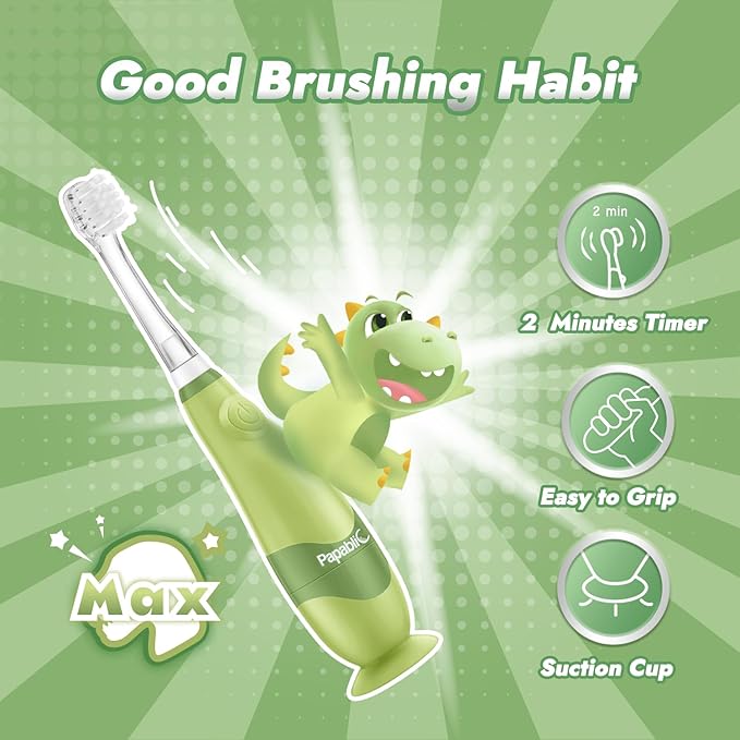 Papablic Toddler Sonic Electric Toothbrush for Ages 1-3 Years, Baby Electric Toothbrush with Cute Dino Cover and Smart LED Timer, 2 Brush Heads (Max)
