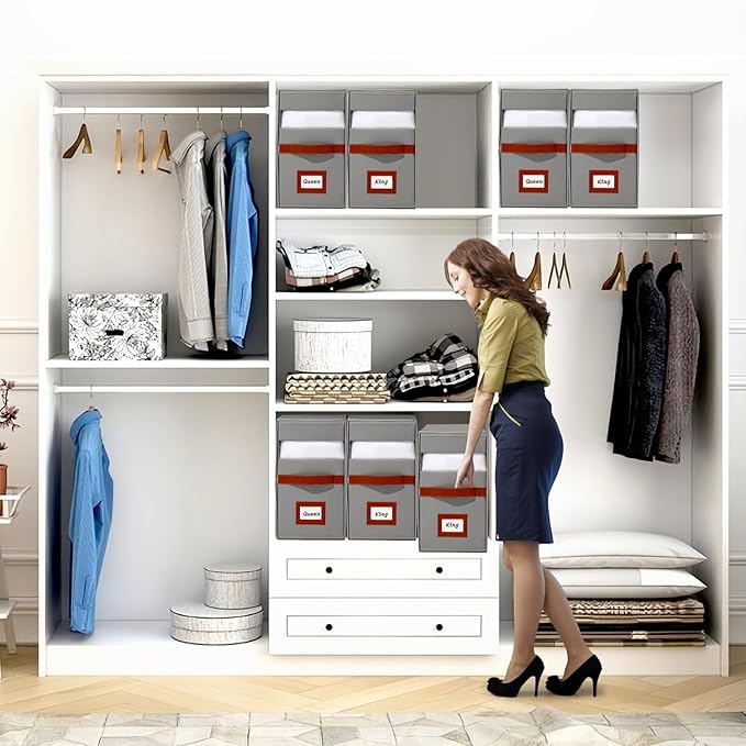 4 Pack Bed Sheet Organizer, Extra Large Foldable Linen Closet Organizer and Storage with Oxford Fabric, Clear PVC Window & Leather Handle – Storage for Bedding, Blankets, Duvet Cover Set, Quilt