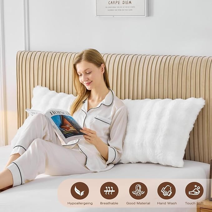 YZ HOME Faux Fur Fluffy Body Pillow for Adults - Firm Body Pillow Insert with Shredded Blue Memory Foam, Adjustable Height, Soft Support for Side Sleeping, Pregnant Women, Washable, 20x54 Inch (White)