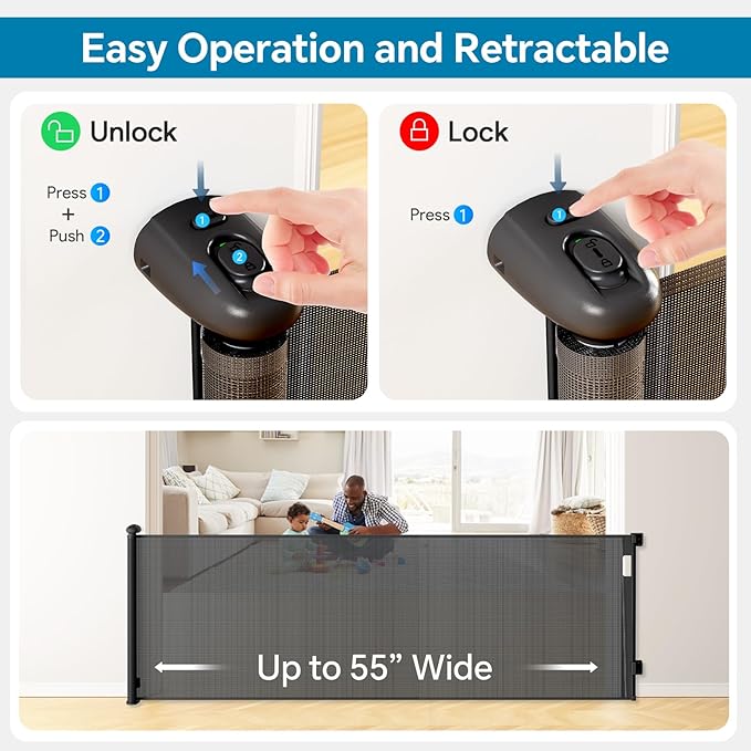 Bulubaky Extra Tall Safety Retractable Baby Gate Adjustable Wide Retractable Dog Gate Mesh Baby Gate Child Gate for Doorway, Hallway, Stair Gates for Kids or Pets (Black, 42" Tall x 55" Wide)