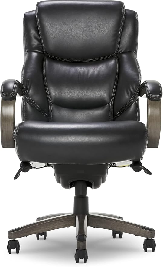 La-Z-Boy Delano Big & Tall Executive Office Chair, High Back Ergonomic Lumbar Support, Bonded Leather, Black with Weathered Gray Wood