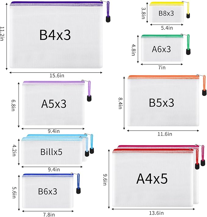 EOOUT 28pcs Mesh Zipper Pouch, Waterproof Zipper Bags, 8 Sizes Plastic Travel Pouch, 10 Colors, Multipurpose for Board Game, Travel Storage, School Supplies, Office Appliances, Home Organize